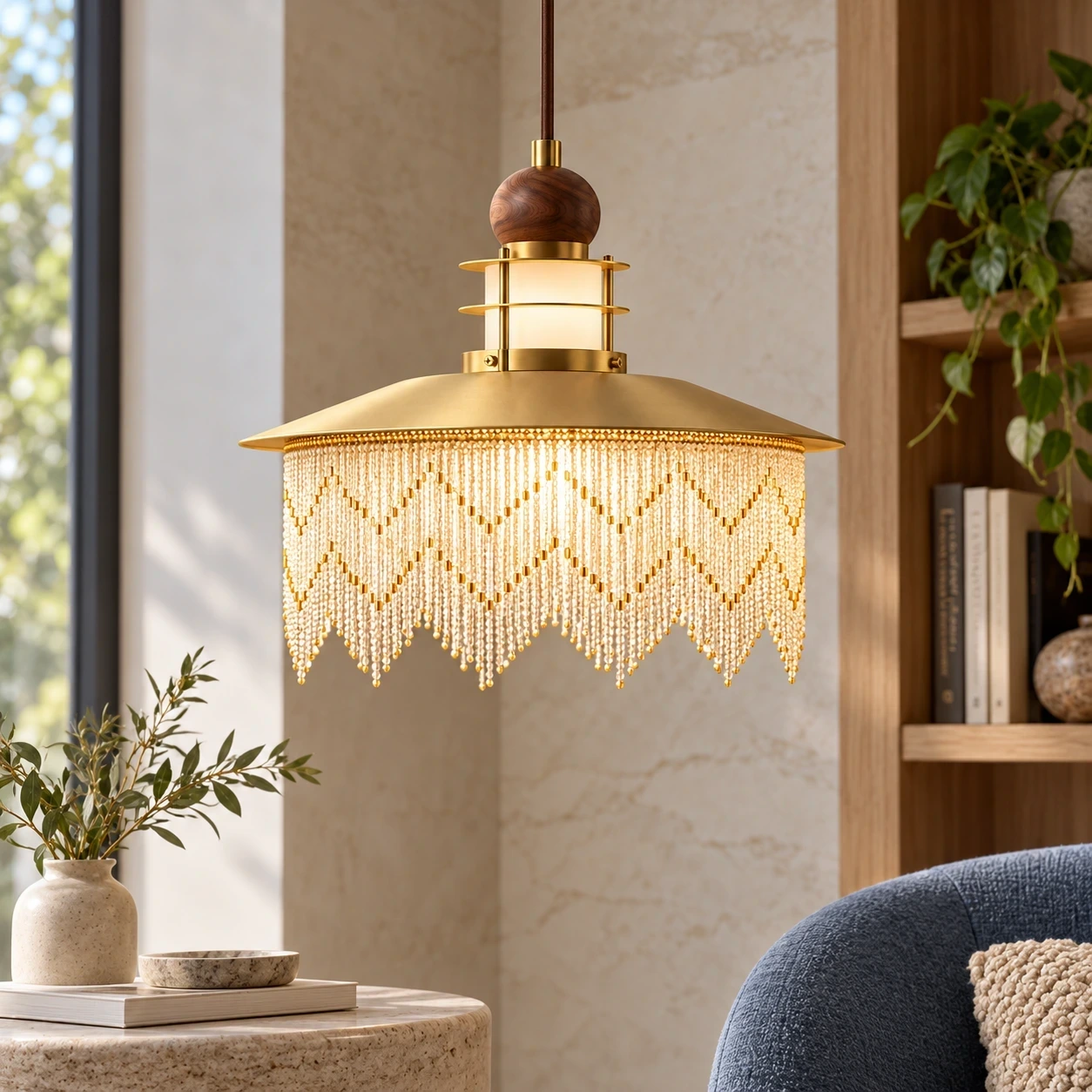 Wushlp Vintage Fringe Wood Pendant Light in a bright kitchen