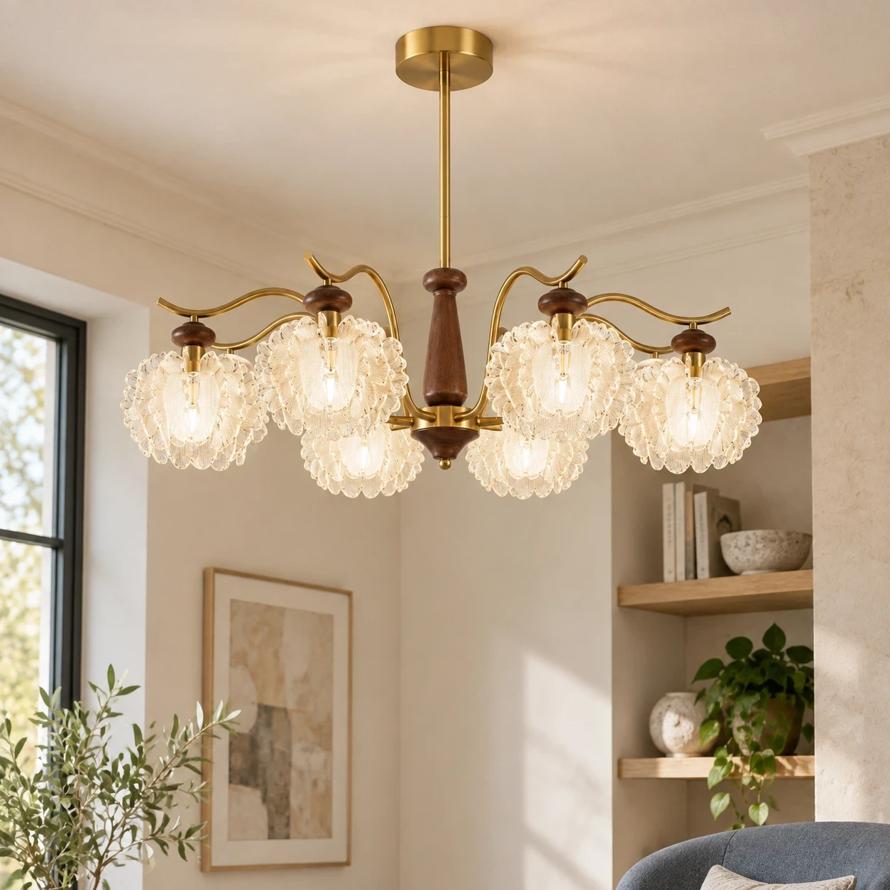 Wushlp Vintage Petal Acrylic Branch Chandelier in a bright kitchen