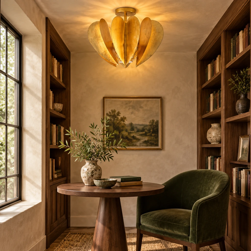 Vintage gold leaf flush-mount ceiling light installed in a library nook
