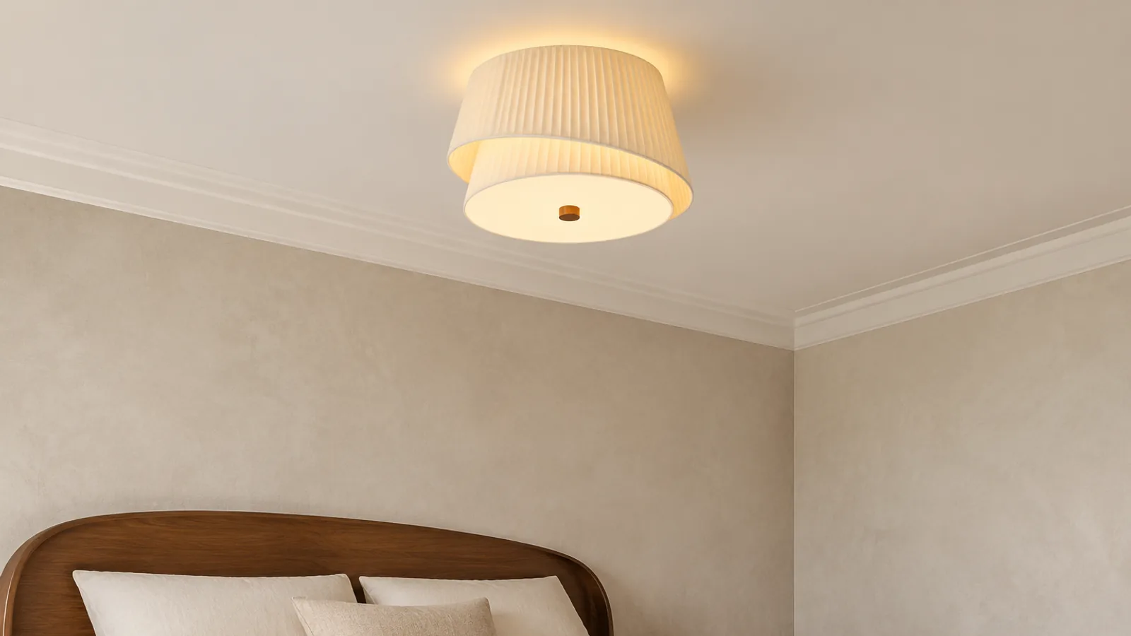 Layered fabric flush mount in a refined French mid-century bedroom