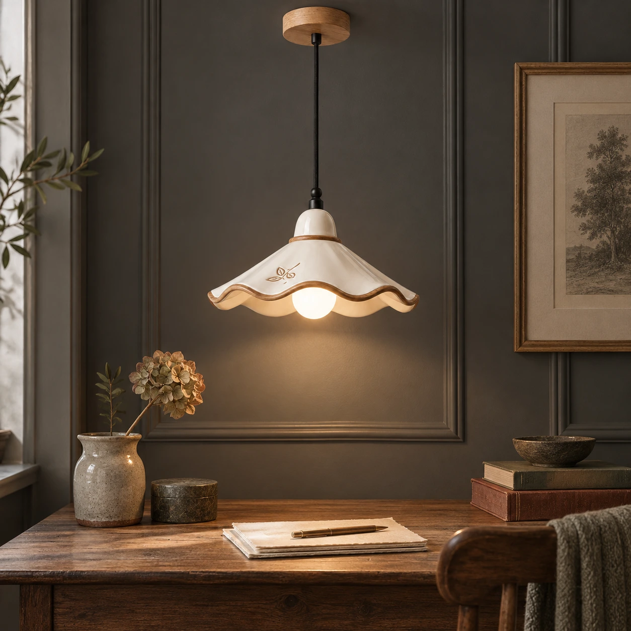 Eliseo French Vintage Scalloped Ceramic and White Ash Wood Pendant Light in a study