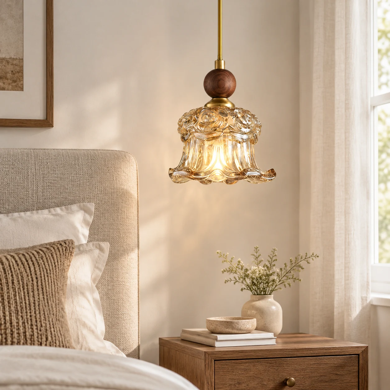 Lámpara colgante de cristal con diseño floral en un dormitorio.