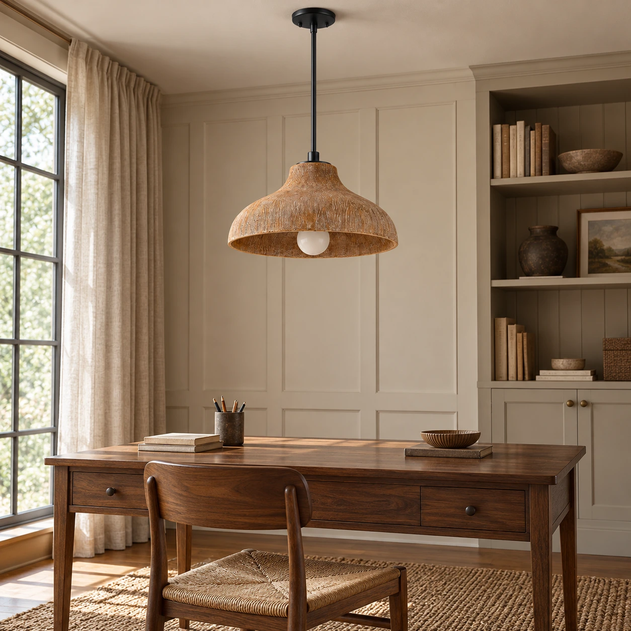 Aged wood pendant light in a reading corner