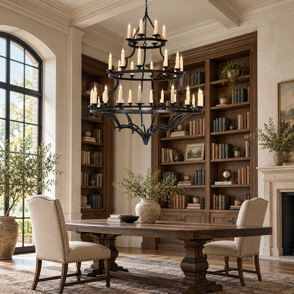 European rustic three-tier iron chandelier installed in a high-ceilinged library reading room