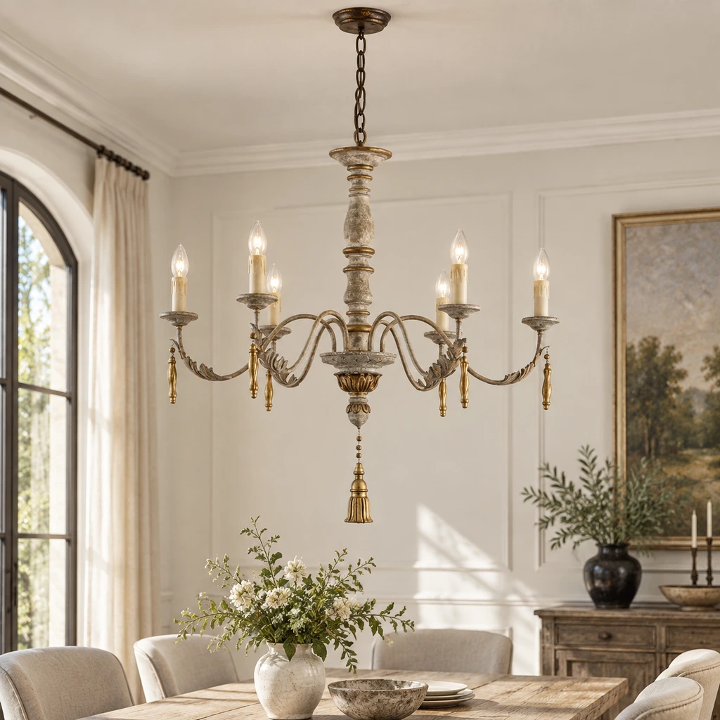 Colette six-light candle chandelier in a bright French-country interior