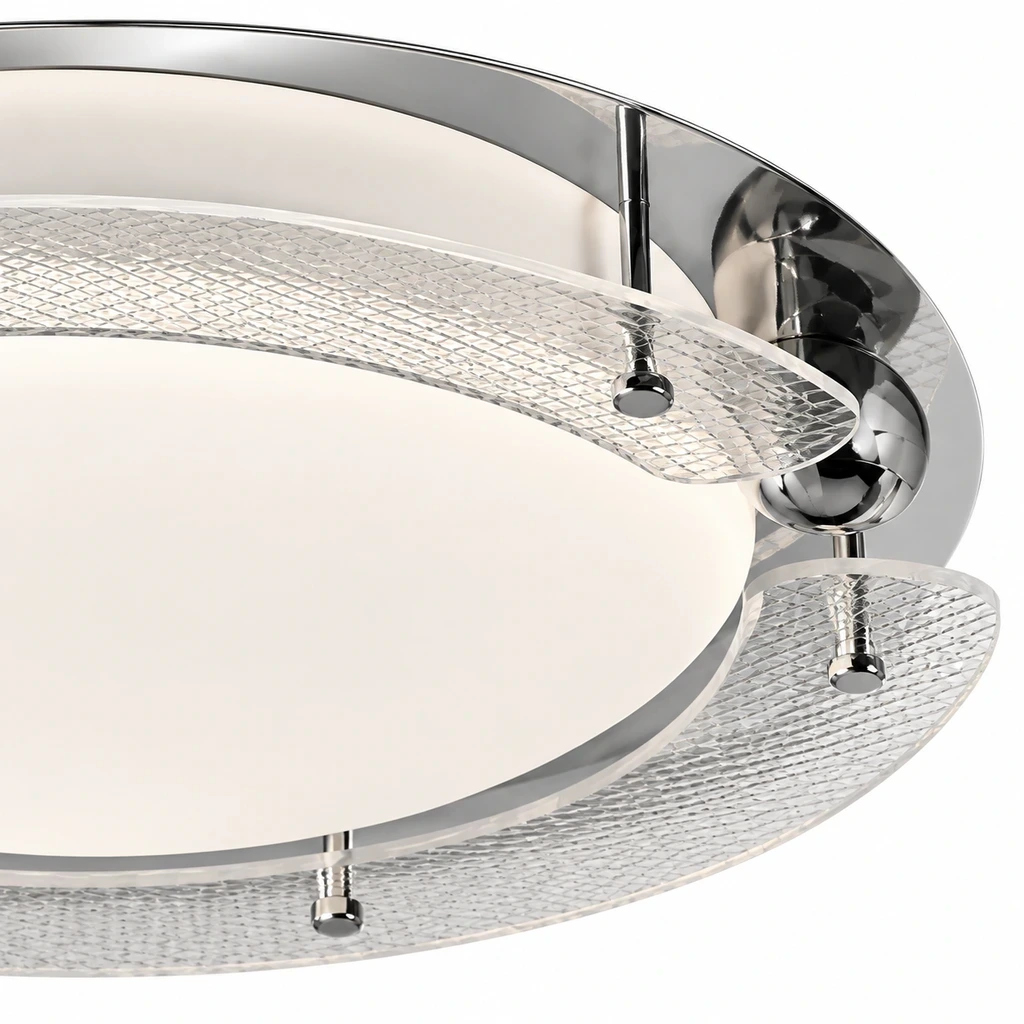 Close view of Iris Bauhaus Orbital Acrylic Alloy Flush Mount chrome-toned supports