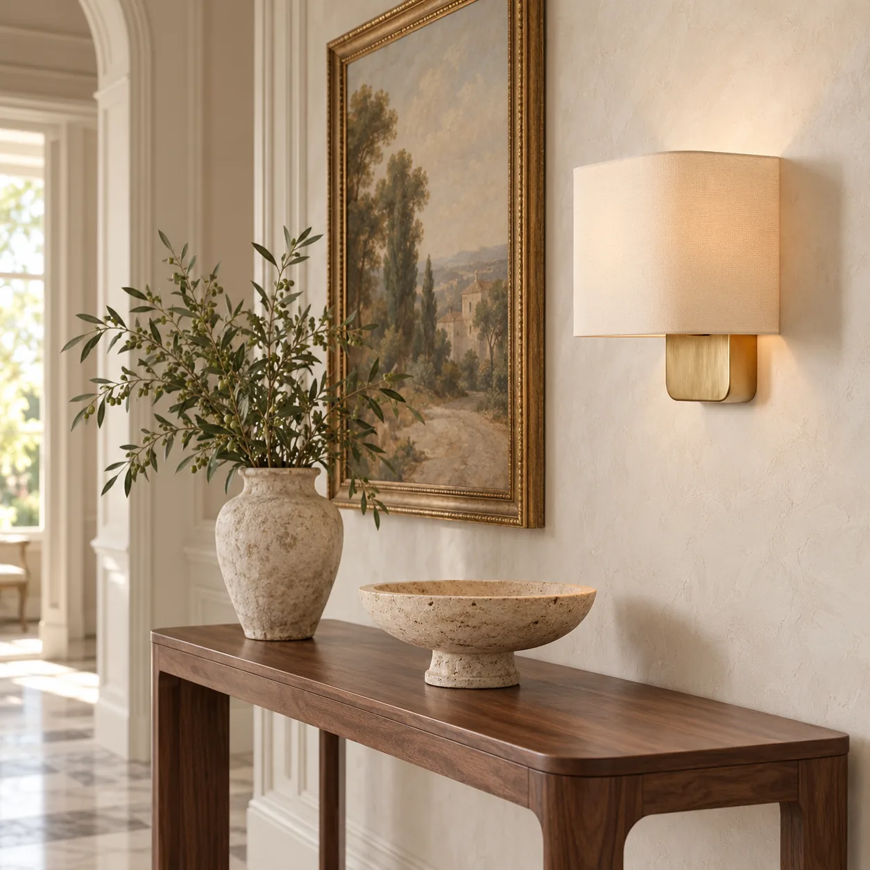 Maris linnen wandlamp in de hal van een Europees appartement.