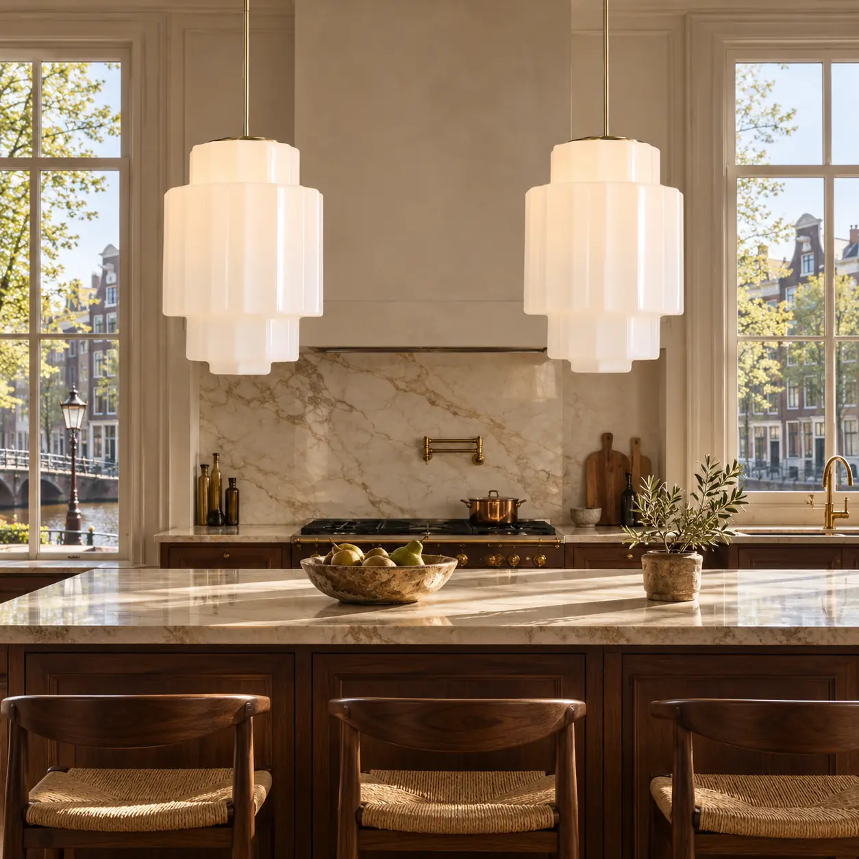 European interior scene, antique brass tiered opal pendant light