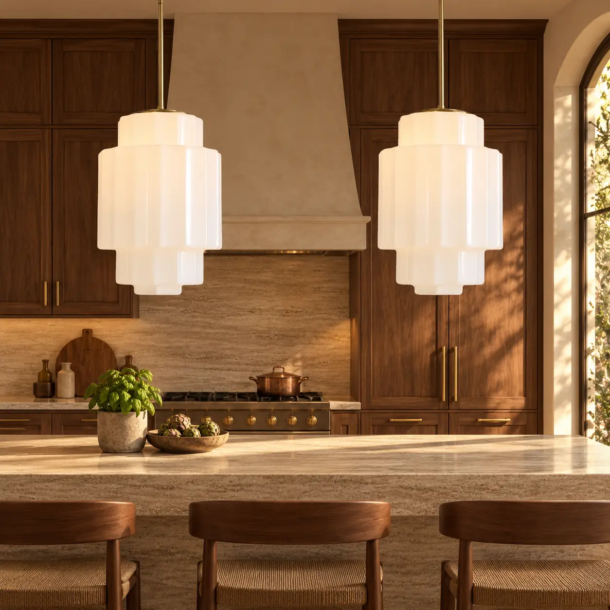 European interior scene, antique brass tiered opal pendant light