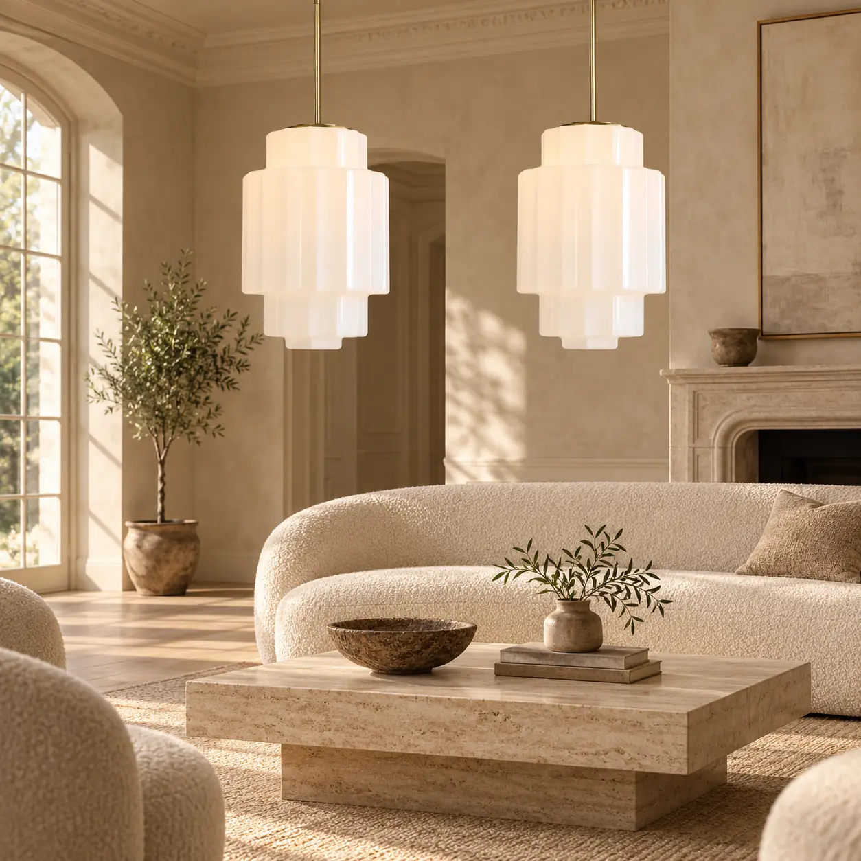 European interior scene, antique brass tiered opal pendant light