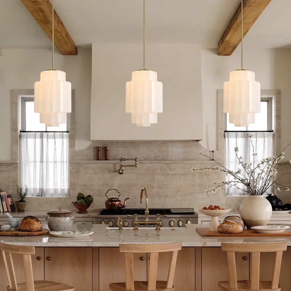 Kitchen, three lights — pendant in antique brass and opal glass