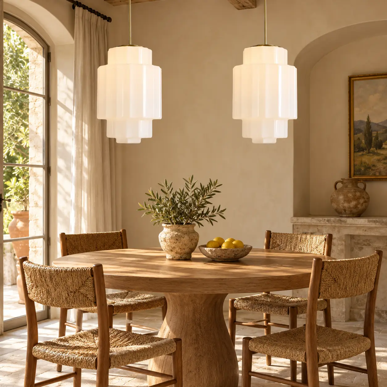 European interior scene, antique brass tiered opal pendant light