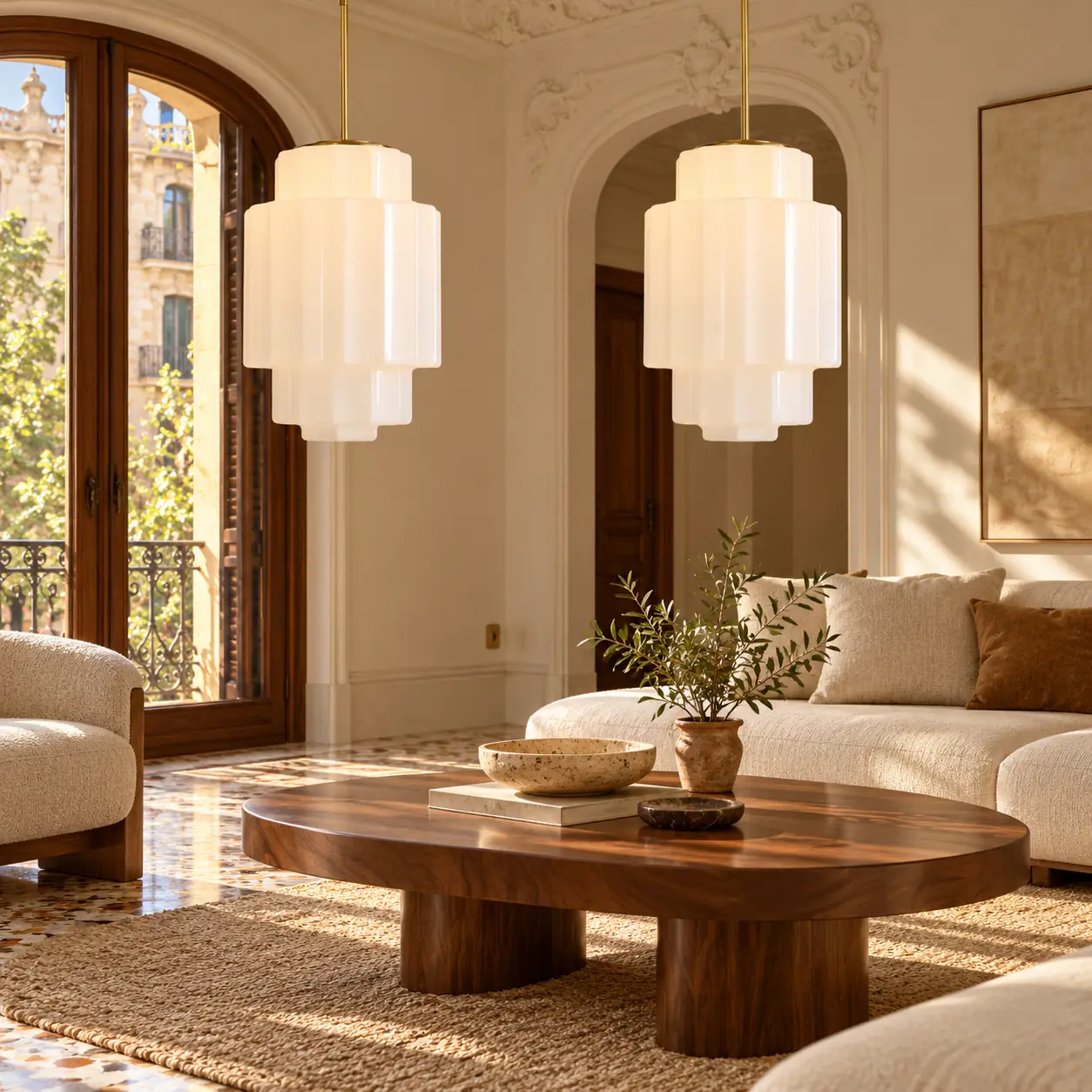 European interior scene, antique brass tiered opal pendant light