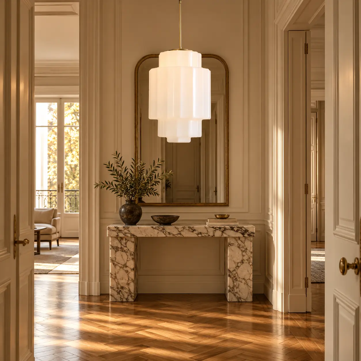 European interior scene, antique brass tiered opal pendant light