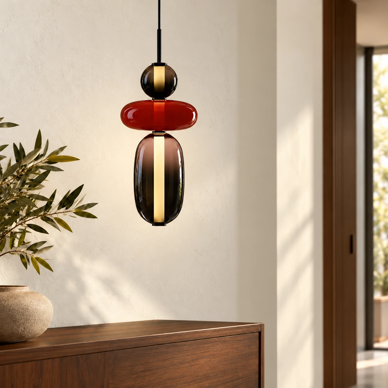Vesa Red Design C stacked glass pendant in an original interior