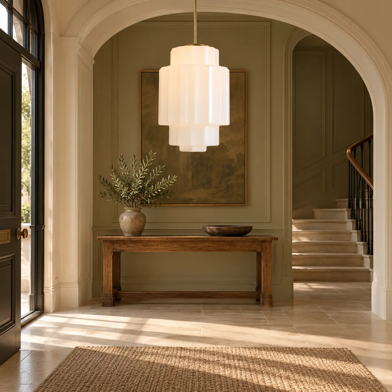 European interior scene, antique brass tiered opal pendant light