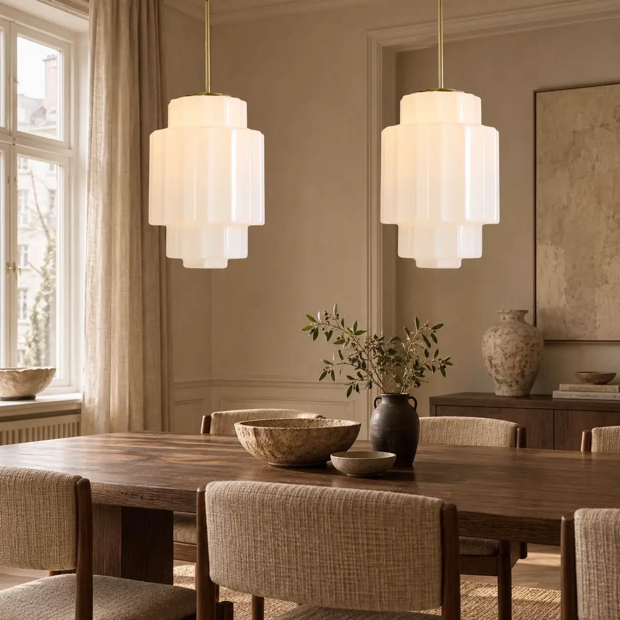 European interior scene, antique brass tiered opal pendant light