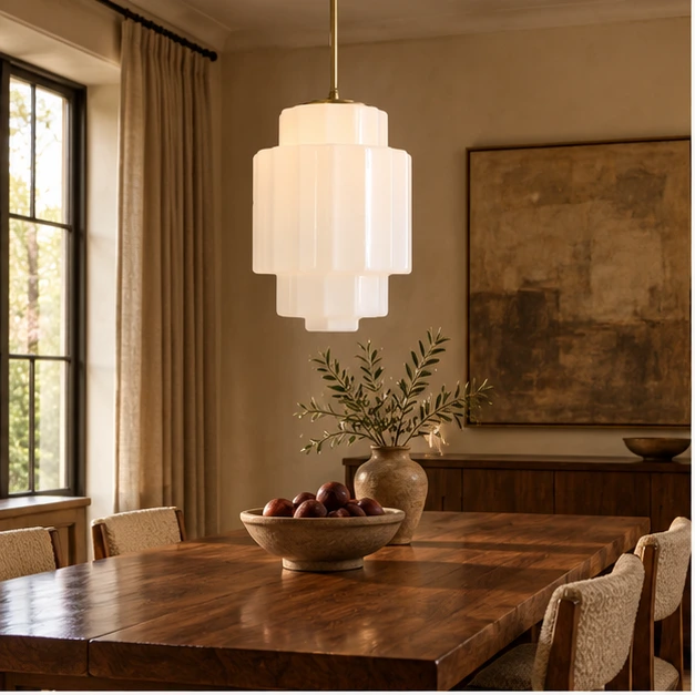 European interior scene - antique brass tiered opal pendant light