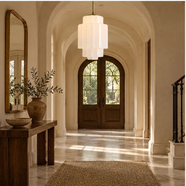 European interior scene - antique brass tiered opal pendant light