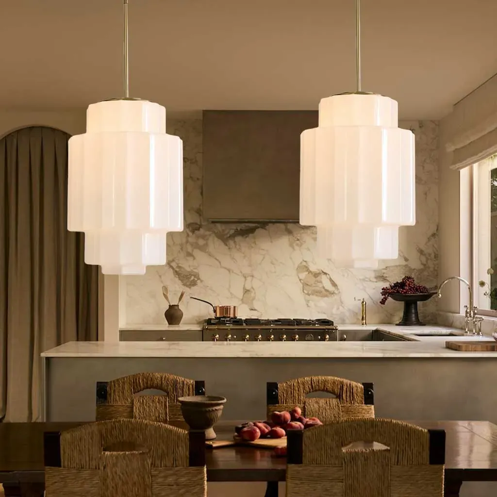 Living room — pendant in antique brass and opal glass