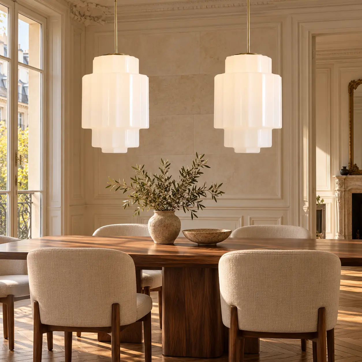 European interior scene, antique brass tiered opal pendant light