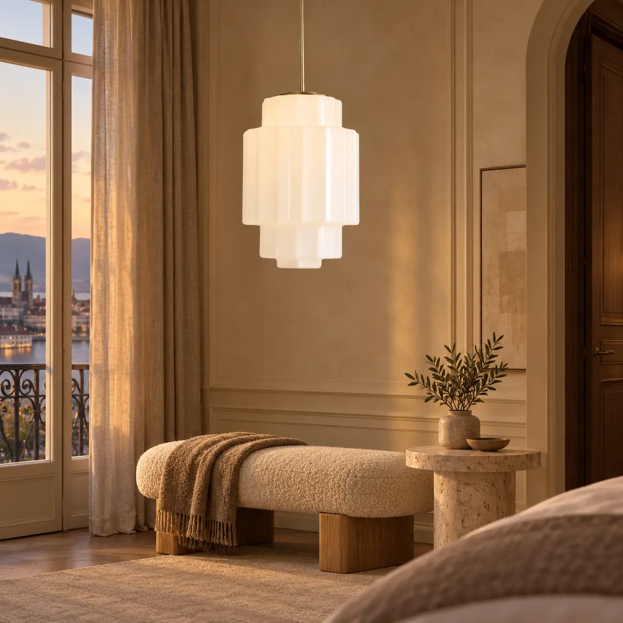 European interior scene, antique brass tiered opal pendant light