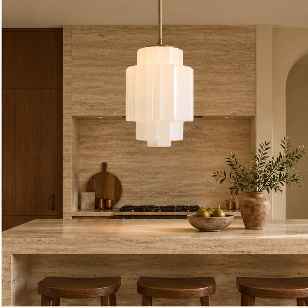 European interior scene - antique brass tiered opal pendant light
