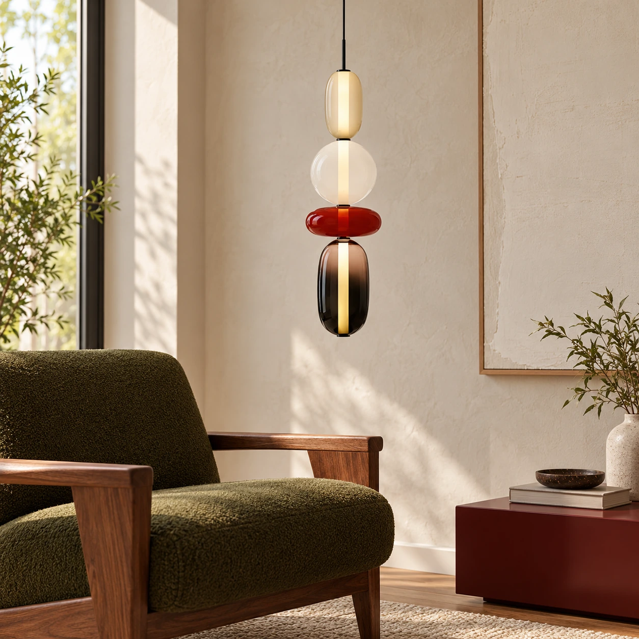 Vesa Red Design H stacked glass pendant in an original interior