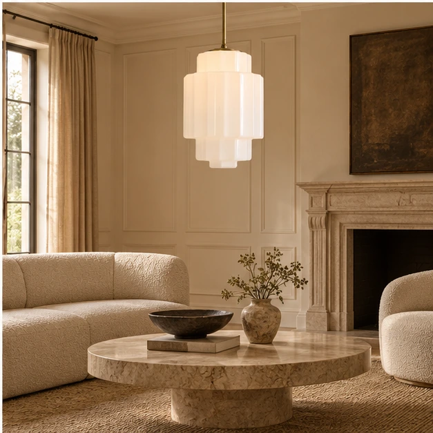 European interior scene - antique brass tiered opal pendant light