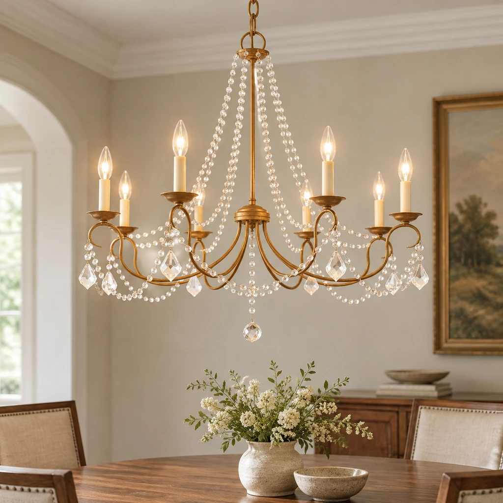 Mila American Vintage Crystal and Iron Chandelier, Antique Gold Crystal, core product view in a restrained interior
