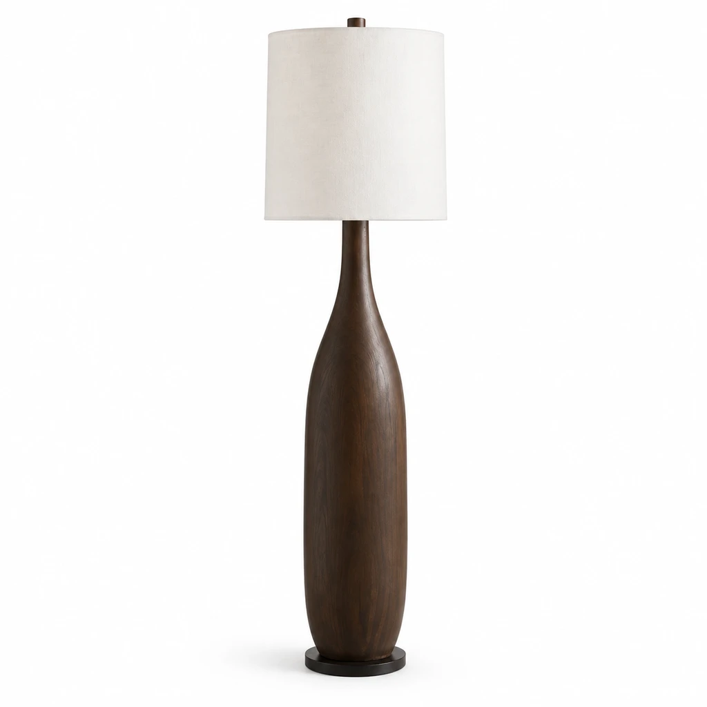 Amelia American Rustic Turned Wood and Fabric Floor Lamp, Dark Coffee - 45 cm wide x 160 cm high, complete product isolated on white