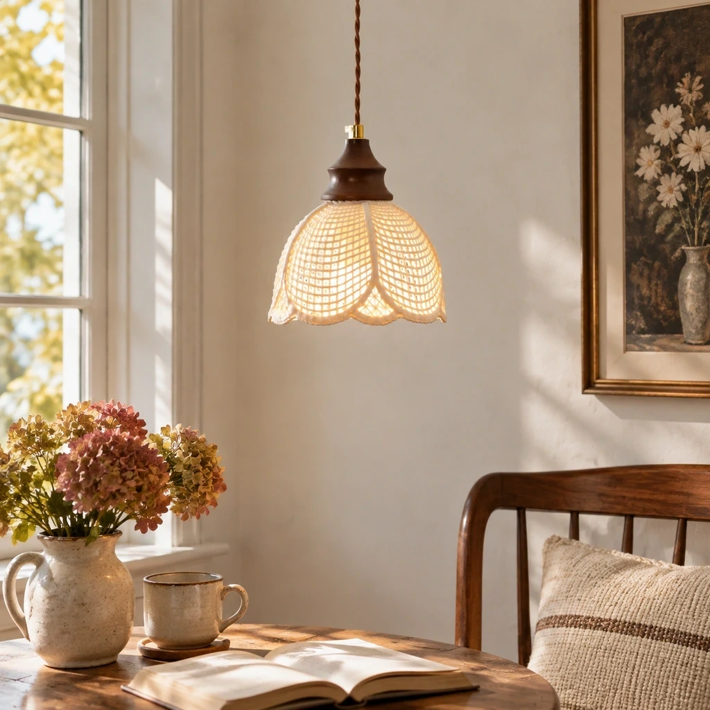 Lina Vintage Floral Ceramic Wood Pendant Light in a reading setting