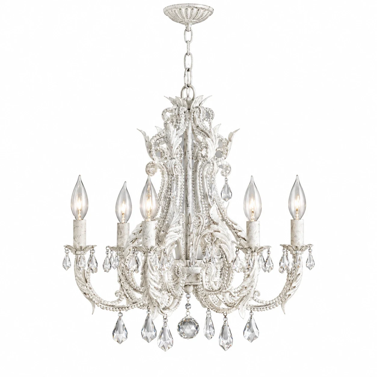 Camille 6-light white French crystal iron chandelier on white background