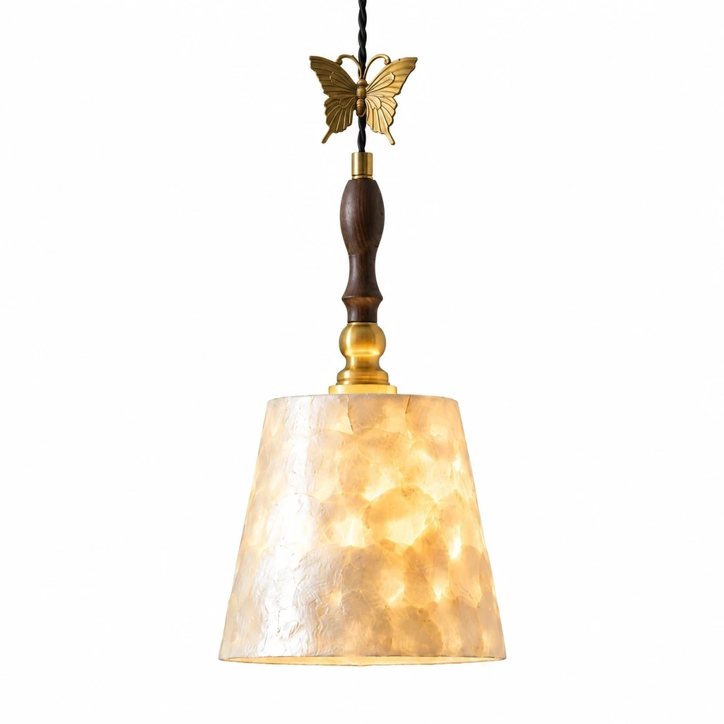 Close detail of Elena Vintage Butterfly Shell Wood Pendant Light material and form
