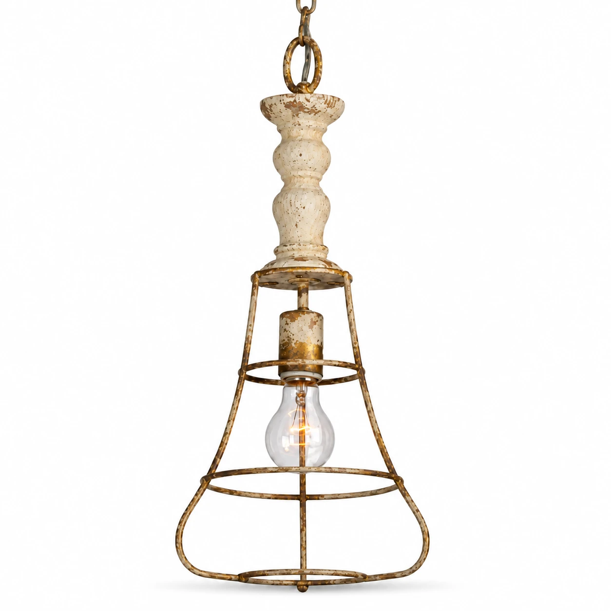 Wren rustic cage wood-and-iron pendant light on white background