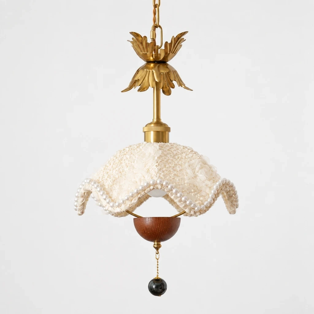 Sophie Floral Fabric Iron Pendant Light switched off in a neutral studio