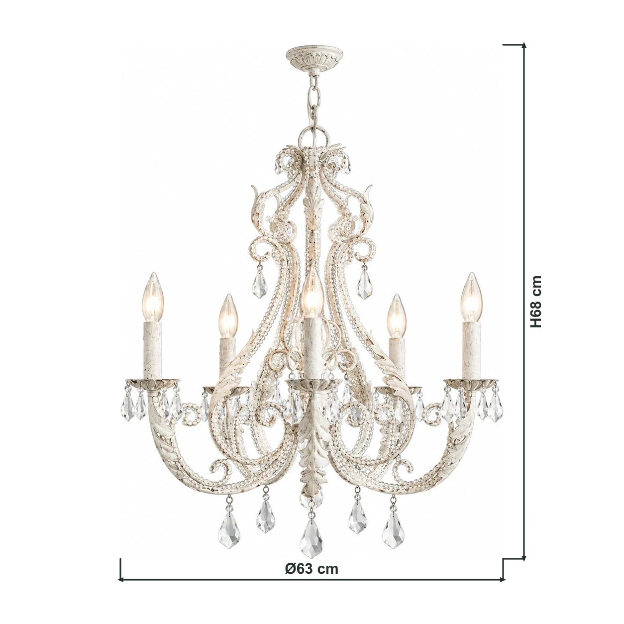 5-Light Camille chandelier dimensions Ø63 cm by H68 cm with outline-connected dimension lines