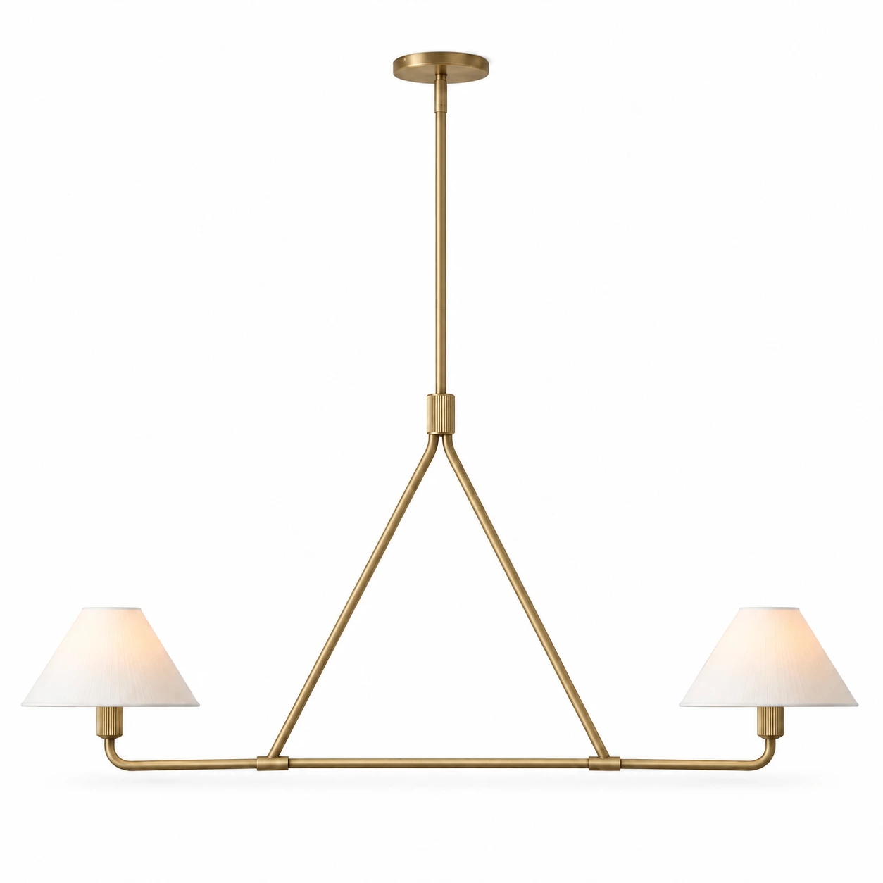 2-Light Gold linear iron chandelier with two pleated fabric shades