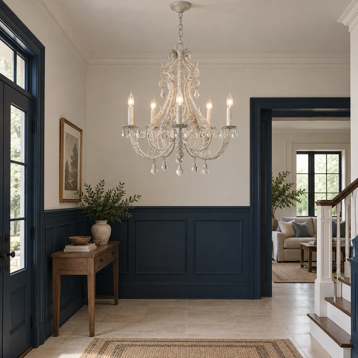 Five-light Camille chandelier in a navy American entry