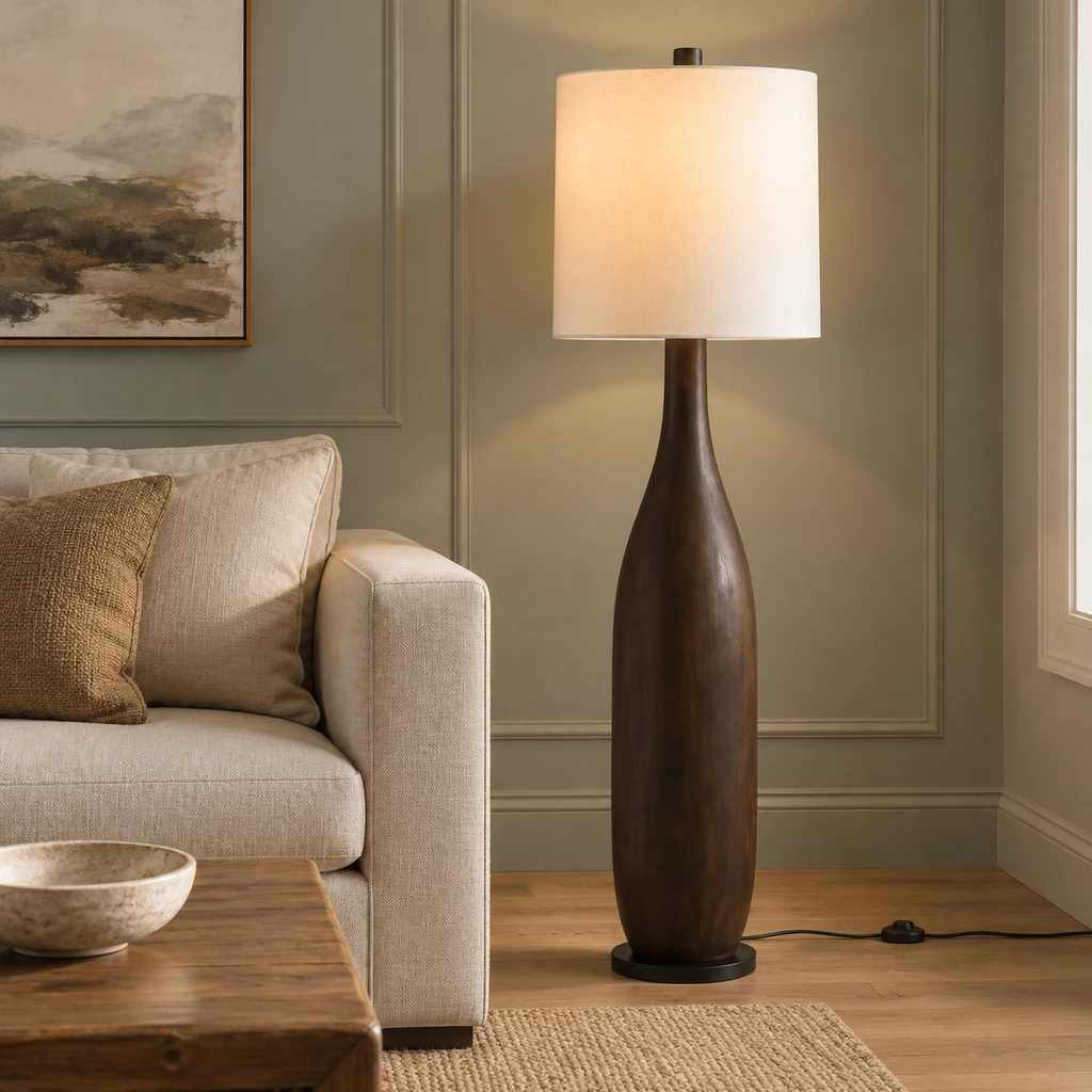 Amelia American Rustic Turned Wood and Fabric Floor Lamp, Dark Coffee - 45 cm wide x 160 cm high, close room setting