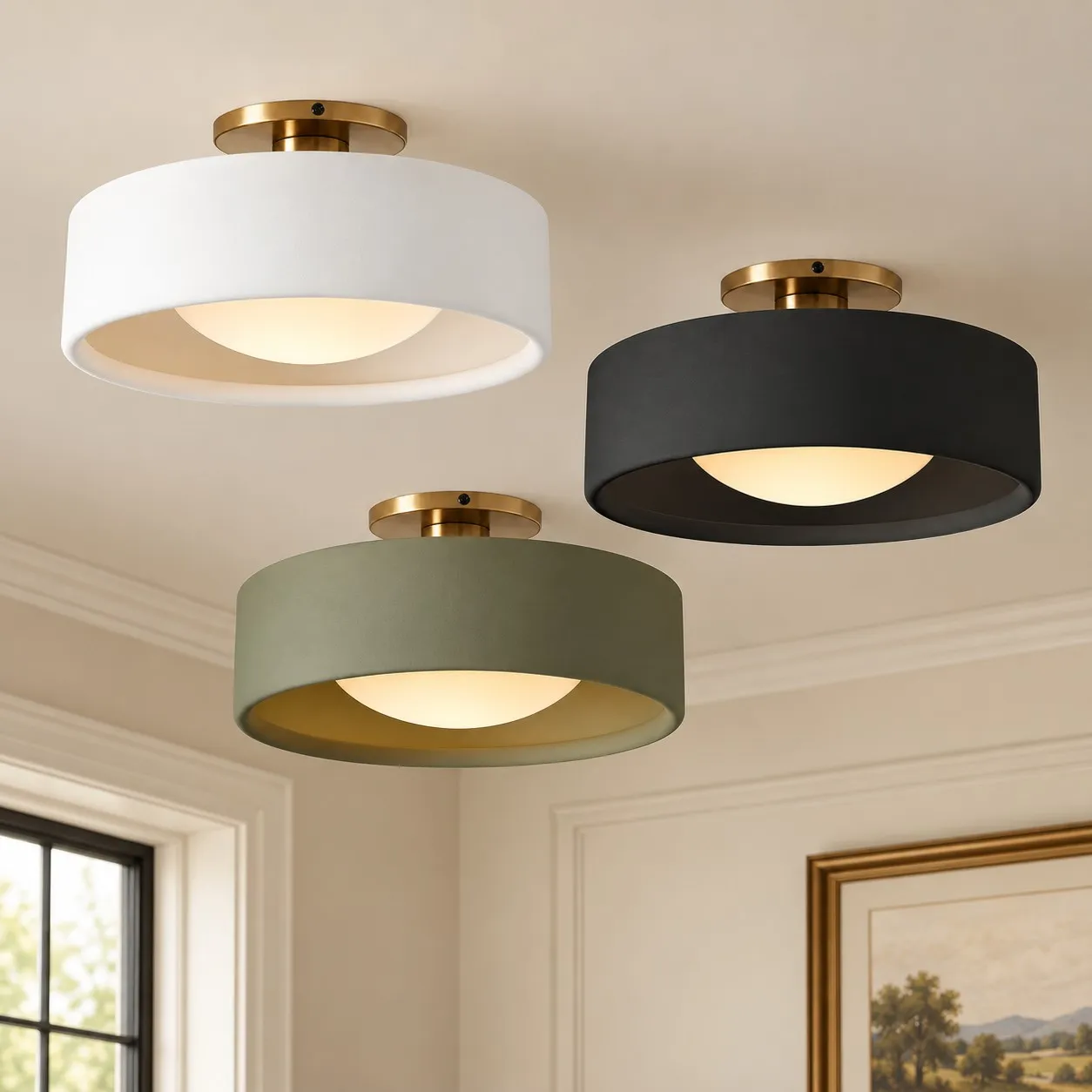 Lampade da soffitto in porcellana bianca, nera e verde opaco, accese
