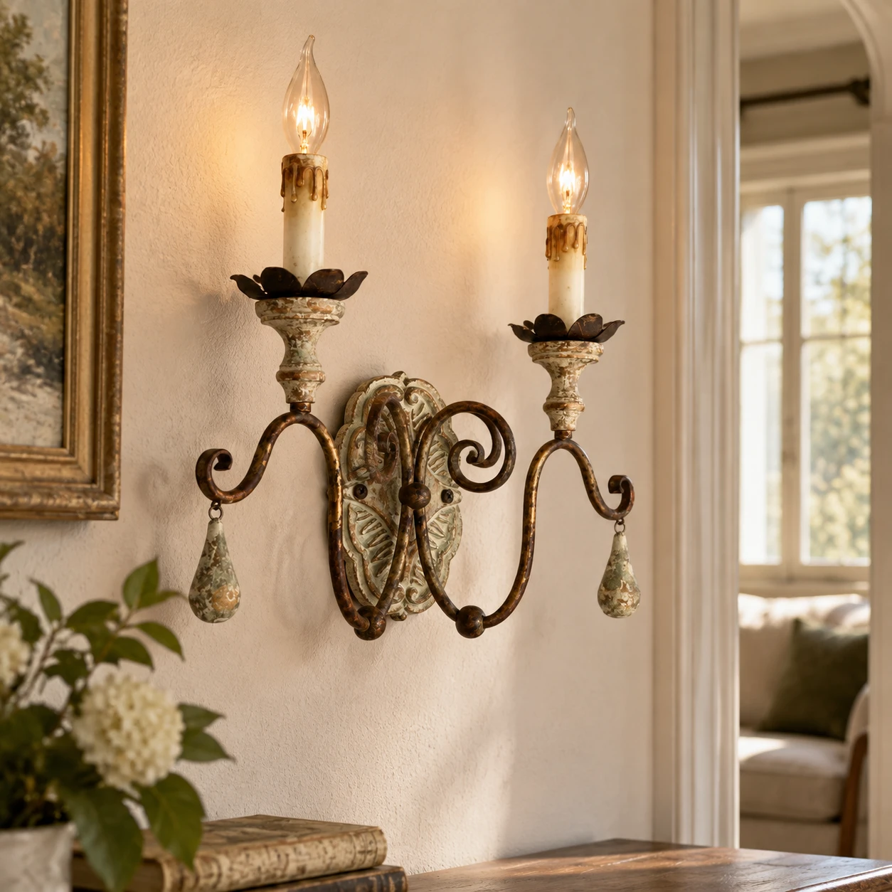 Two-light wood and iron wall sconce in a paneled interior
