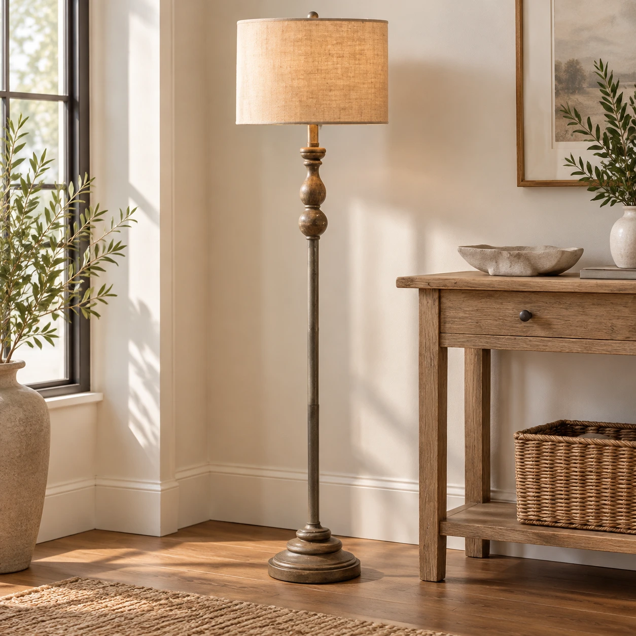 Elara Rustic Turned Wood Iron Floor Lamp — Turned wood floor lamp in an entry corner