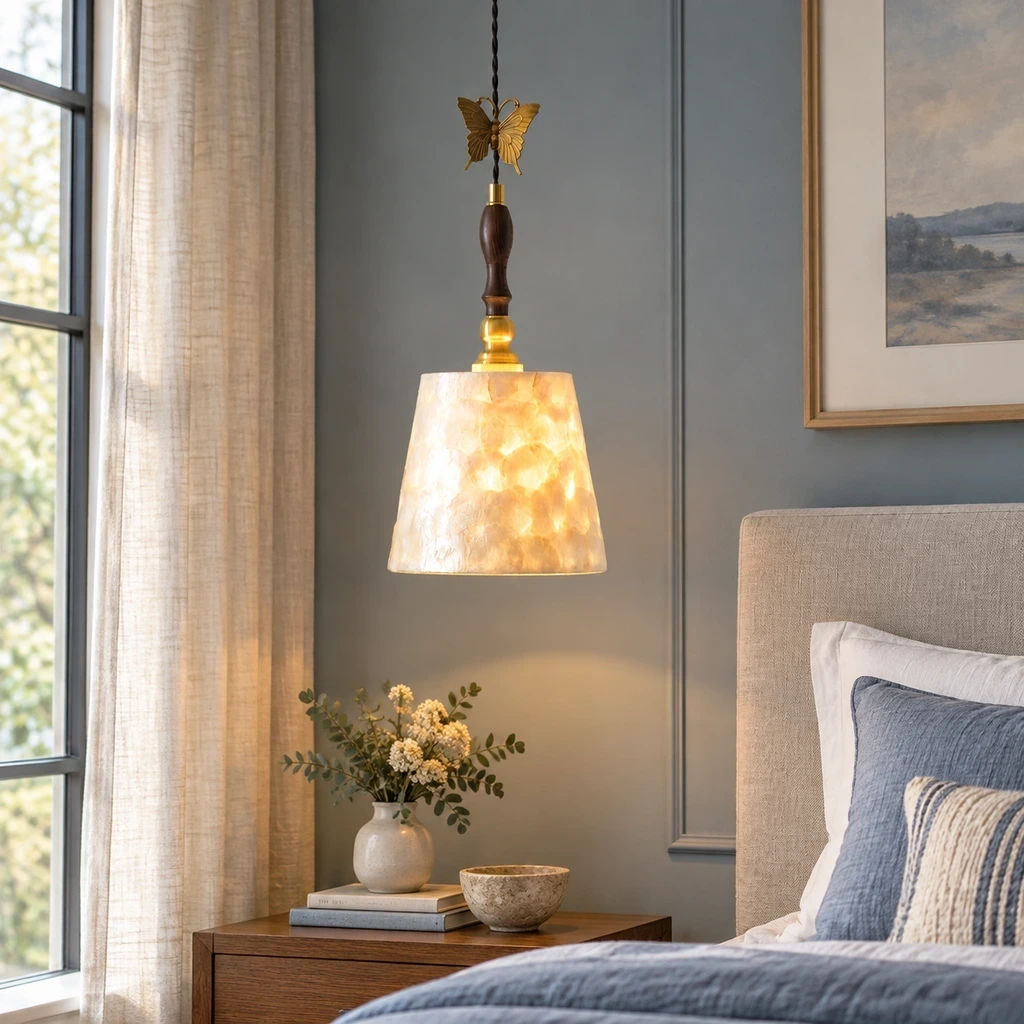 Elena Vintage Butterfly Shell Wood Pendant Light in a bedroom setting