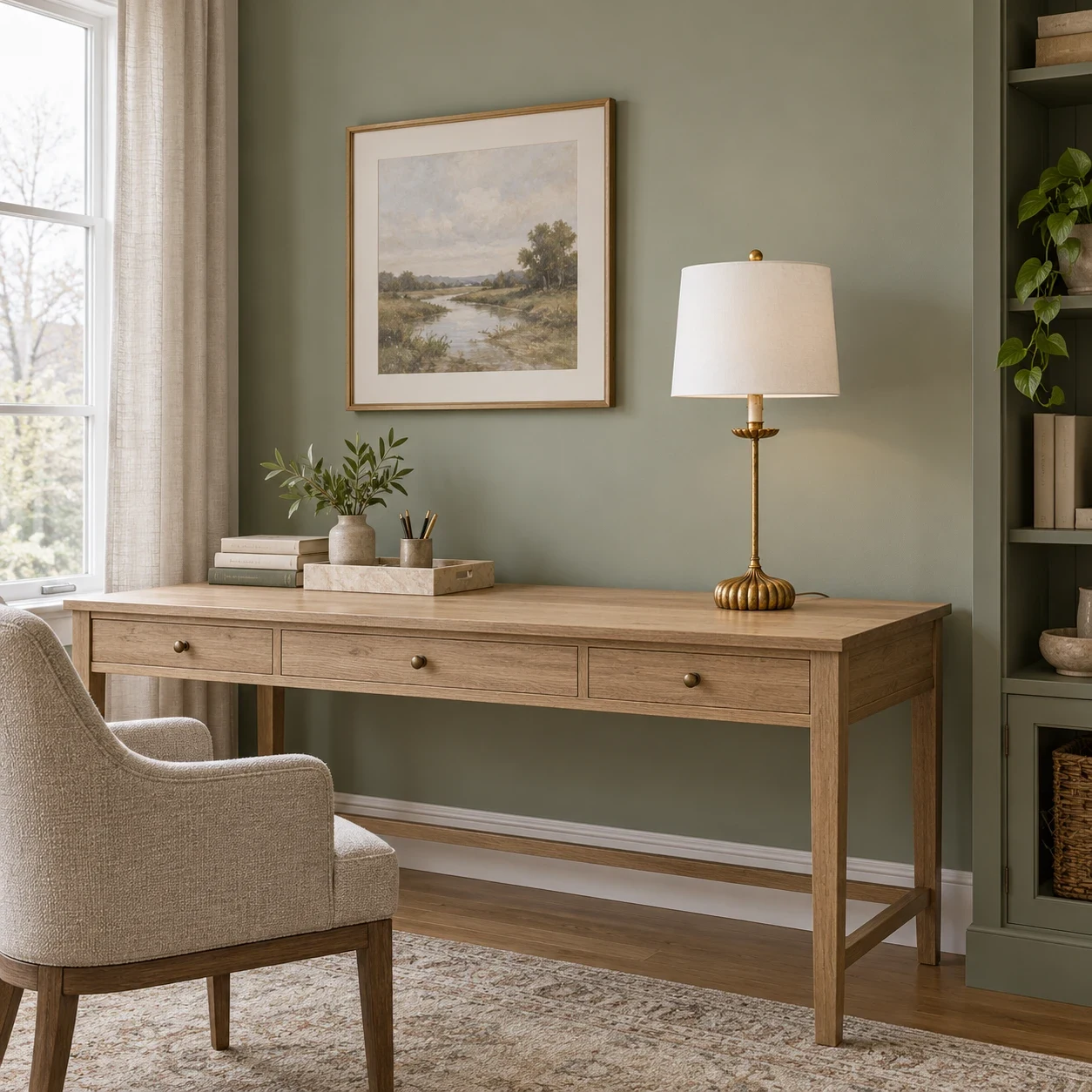 Clove table lamp with white shade on a sage study desk
