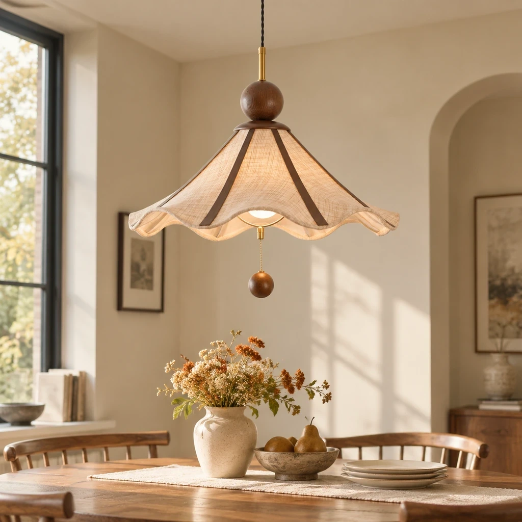 Amelie Vintage Single-Light Fabric Wood Pendant Light in a study or console setting