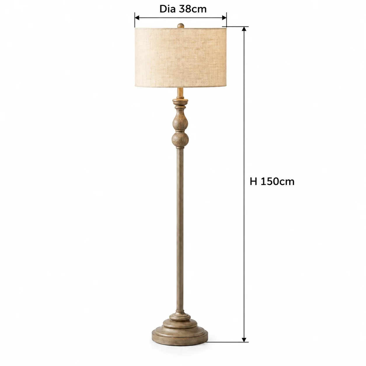 Verified dimensions — overall height 150 cm, shade diameter 38 cm