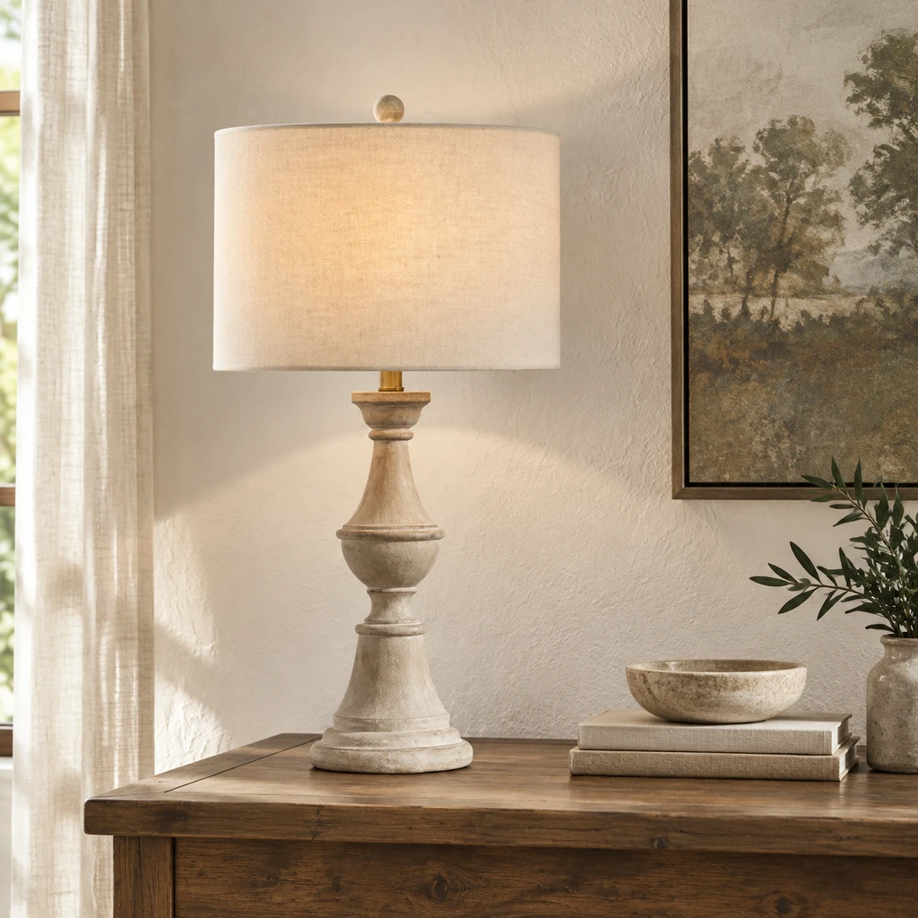 Elena American Vintage Carved Wood and Fabric Table Lamp, Aged Wood, medium-near studio setting
