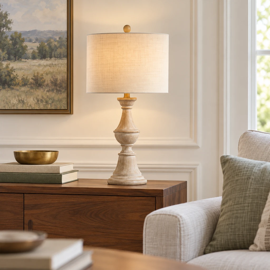 Elena American Vintage Carved Wood and Fabric Table Lamp, Aged Wood, medium-near living setting