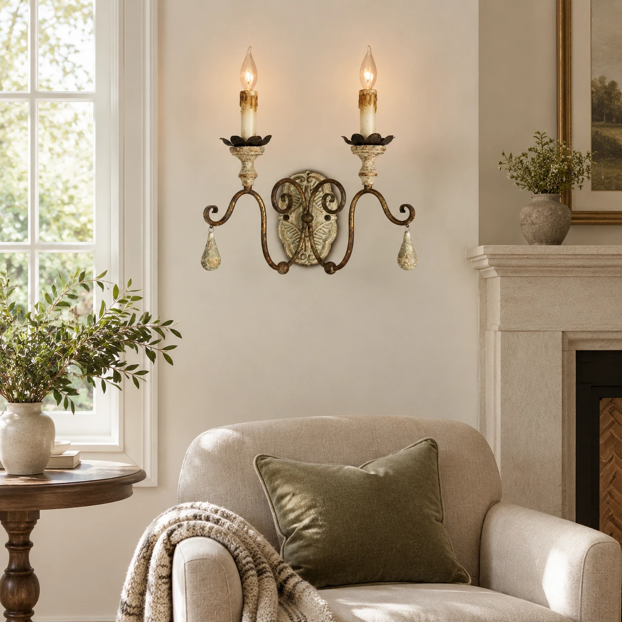Two-light wood and iron wall sconce in a living room